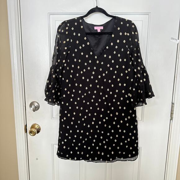 Lilly Pulitzer Dress Caroline Black Gold Silk Bell Sleeve V-Neck Tunic Mini - Picture 2 of 7